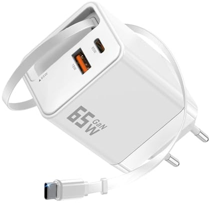 3-i-1 USB C-laddare – [50 % mindre] [spänningsdisplay] 65 W USB-adapter snabbladdare med infällbar USB-C-kabel (vit
