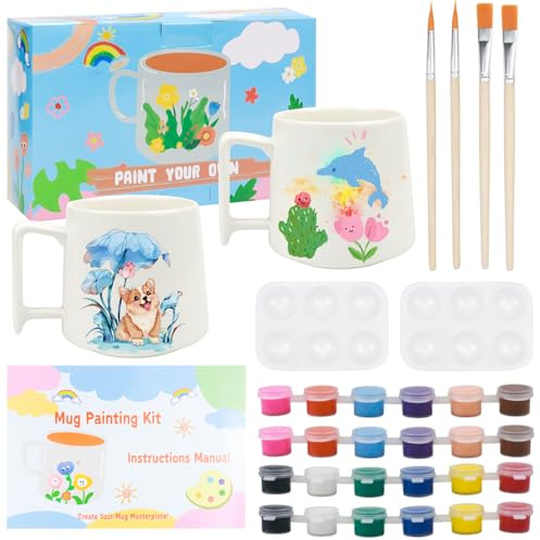 Vexran Paintables Kit per Dipingere Tazze per Adulti, Set di Pittura in Ceramica Colori, Pennelli, Borsa portaoggetti e Guida Rapida, Tazze da Colorare, Set per Amici e Familiari