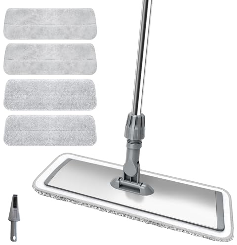 17.7 Microfiber Mop for Floor Cleaning, 59in Long Adjustable Stainless Steel Handle, 360° Rotating Large Flat Mops, 4 Washable Pads for Dry & Wet Cleaning for Hardwood, Vinyl, Laminate, Grey