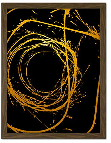 Artery8 Gold Effect Yellow Black Paint Splat Wire Abstract Artwork Framed Wall Art Print 18X24 Inch