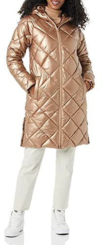 Amazon Essentials Mujer Abrigo Grueso para Invierno con Capucha y Acolchado en Forma de Rombos hasta la Rodilla