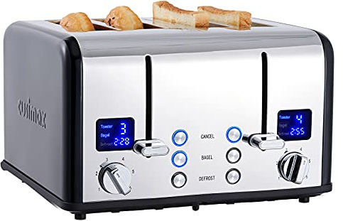 CUSIMAX 4 Slice Toaster, Stainless Steel, Ultra-Clear LED Display & Extra Wide Slots, with Dual Control Panels of 6 Shade Settings, Cancel/Bagel/Defrost Function, Removable Crumb Trays, Black