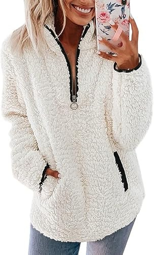 Nilimoph Womens Fleece Jumper Fluffy Jacket Hoodies Pullover Teddy Fleece Sweatshirts Casual Top Fuzzy 1/4 Zip Up Long Sleeve Stand Collar Cozy Coat Tops with Pockets