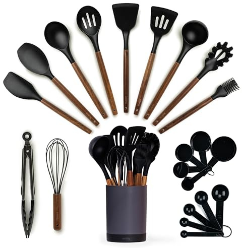 SMIRLY Silicone Kitchen Utensils Set, 22-Piece Acacia Wood Handle, Black