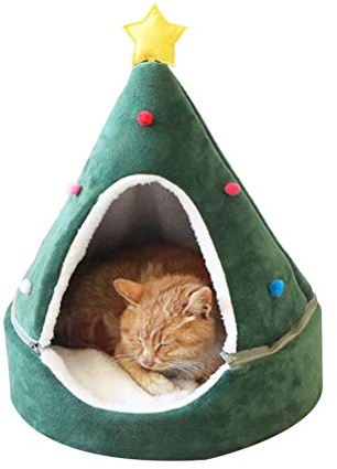 Topiky Cat Bed Christmas Tree Tent, Cat Tent House Self Warming, Removable Comfortable Triangle Triangle Cat Bed Pet Tent House Xmas Cave Beds for Pets Cats and Dogs (Green M)
