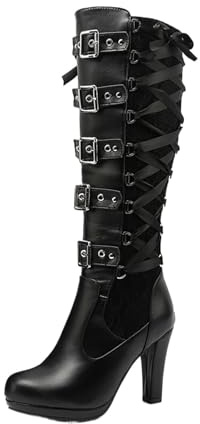 Women's Lace Up Thigh High Block Heel Boots With Zip Gothic Boots Kneeth (Color : Black, Size : 10 UK)