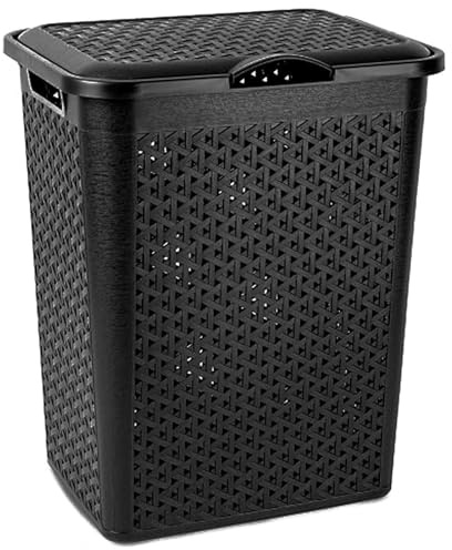 Tradineur - Cesto para Ropa Sucia con Tapa y Asas, pongotodo de plástico, Cubo para Colada, imitación de Mimbre, Fabricado en España (Negro - 38 litros - 49 x 38,5 x 29,5 cm)