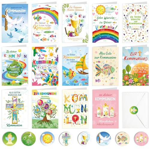 DPKOW 14 Kommunionkarten mit Umschlägen Aufklebern, Glückwunschkarte zur Kommunion Erstkommunion Karte Jungen Mädchen, Kommunion Grußkarten Klappkarten Kommunion Karte Set mit Briefumschlag