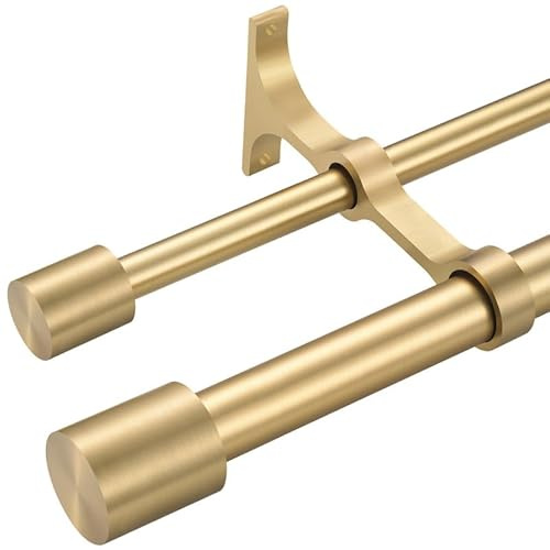 Warm Gold Double Curtain Rods 48-84, Adjustable Dual Curtain Rod Warm Gold, Decorative Double Drapery Rod with Cap Finials, 1 Inch Front and 5/8 Inch Back Heavy Duty Double Window Rods