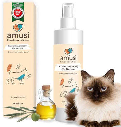 amusi Spray Démêlant Poil Chat 250 ML – Demelant Chat Poils Longs sans Rinçage Naturel & Végétalien - Pelage Doux, Brillant et Léger – Made in Italy