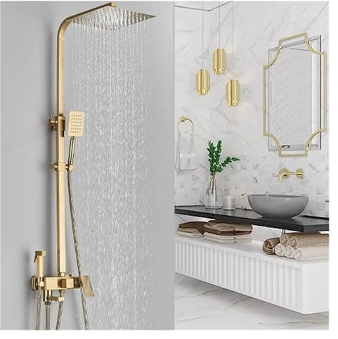 QUSYZD Duschsets, Duschset aus gebürstetem Gold, Wandmontage, Messing, Kalt-/Warmwasser, 4-Wege-Badezimmer-Duscharmaturen mit Bidet-Warm-/Kaltwasser-Mischbatterie (eine Farbe, 10 Zoll)