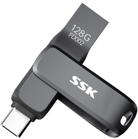 SSK USB Stick 3.2 128GB, bis zu 200 MB/S schnell USB Speicherstick, Dual USB Flash Drive a und c, robuster schwarzer Metall Pendrive für Handy, Tablets, MacOS, Computer, Car, TV