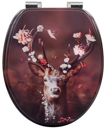 WOLTU Toilettendeckel mit Absenkautomatik, WC Sitz Quick-Release, Klodeckel O Form, Klobrille mit verstellbaren Scharnieren, Toilettenbrille Montage von oben, mit Blumen-Motiv, aus MDF