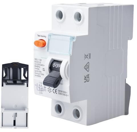 GOEDCH Interrupteur FI/LS : interrupteur FI 2P 6 kA, 230 V, disjoncteur différentiel 2 pôles, 2P 63 A 30 mA, disjoncteur protégé RCCB AC pour protection contre les surcharges, GYL10-2P-63A-0,03 A.