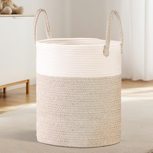 Large Storage Basket, Woven Laundry Baskets for Blankets, Towels, Clothes, Toys, Cotton Rope Laundry Hamper for Living Room, Bathroom, Laundry Room, 36x40cm, 40L (White & Brown)