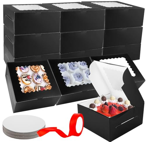 LOPYXBR Caja de cartón para tartas, 25,4 x 25,4 x 12,7 cm, 10 juegos de cajas negras para tartas con ventana y tablas redondas blancas, caja de transporte para tartas, caja de transporte para tartas
