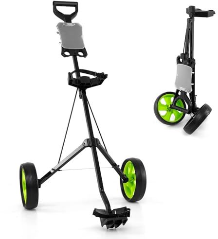COSTWAY Carrello da Golf Pieghevole con 2 Ruote, Carrello da Golf in Ferro con Tabellone Segnapunti (Verde)
