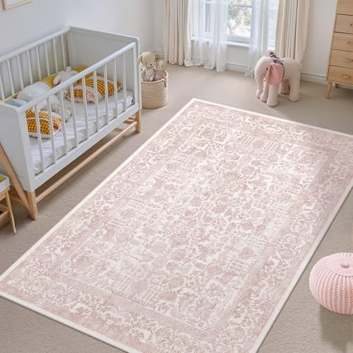 HUGEAR Alfombra Salon Rosa Antideslizante Alfombras Lavables en Lavadora Tapetes para Sala 90x150cm Habitacion Dormitorio Comedor Flor Vintage Grande Tapete Pelo Corto tapete Quarto