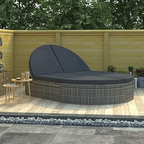 Rantry Doppel-Sonnenliege mit Kissen Poly Rattan Gartenliege Doppelliege Balkonliege Relaxliege Sonnenliegen für 2 Personen Garten Relaxliege Grau