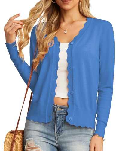 GRECERELLE Suéteres de mujer con manga larga de punto, cuello en V, botones, ligeros, con volantes, para vestidos de verano, para la noche, para bodas, azul celeste, L