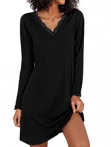 Demegimi Camicia da Notte Donna Cotone a Maniche Lunghe Camicia da Notte Collo a V in Pizzo Morbida e Confortevole