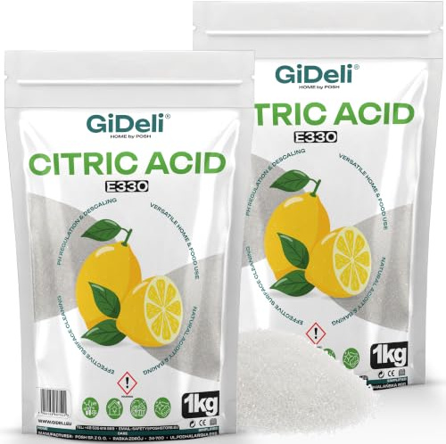 GiDeli Ácido Cítrico 2x1kg E330 Grado Alimentario - Polvo Blanco Puro Para Repostería y Conservas - Descalcificador Natural de Gran Formato Para Lavavajillas, Lavadora y Limpieza - Regulador de pH