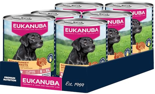 EUKANUBA Life Care Aliment Humide Chien Senior 7 Ans + Toutes Races, Pâtée Riche en Poulet, Dinde & Carottes, Oméga-3, L-Carnitine, Prébiotiques, sans OGM Colorants Conservateurs, 6 boîtes de 400g