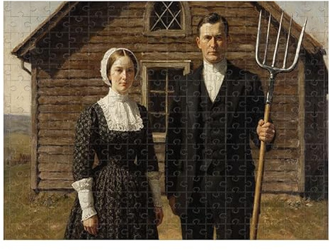500Pcs Puzzle Jigsaw Puzzle Vintage Rural Couple with Pitchfork in Front of Log Cabin Family Leisure Home Decor 14.9X20.4 Inch