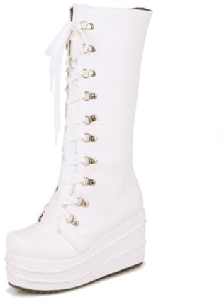Botas Mujer Media Pantorrilla Cordones Tacón Cuña Plataforma Punta Redonda Cuero PU Botines Gótico Punk Fiesta Casual Plantilla Acolchada Elegantes,Blanca,41 EU