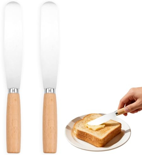LUVDECO 2 cuchillos de mantequilla de acero inoxidable con mango de madera para untar suavemente tostadas, sándwich, pasteles y pasteles, espátula de metal