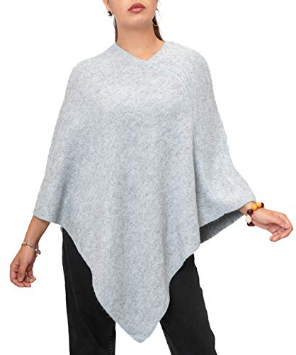 FANTASIE TERRENE Poncho Donna Fatto a Maglia in Filato Misto Alpaca di Alta qualità. Made in Italy. Colore Jeans/Grigio Chiaro.