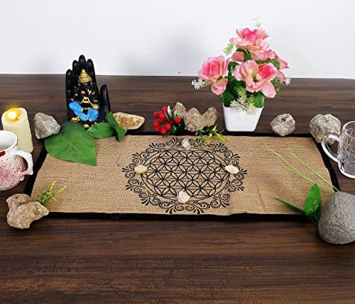 Indian Consigners Altarduk – häxhantverksmaterial, wiccan altarverktyg, tarotspridning – häxa hednisk dekor, häxgåvor – geometrisk livets blomma – organisk säckväv med tygbaksida – 61 cm x 30 cm
