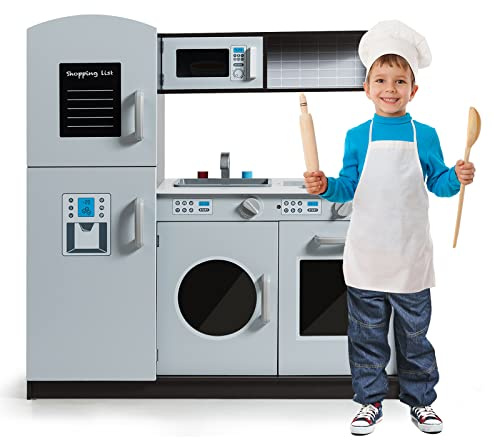 COSTWAY Cucina Giocattolo per Bambini con Frigorifero, Distributore d'acqua, Lavatrice, Forno, Microonde, Lavello e Rubinetto, Funzione Luci e Suoni, 3+ Anni