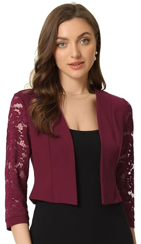 Allegra K Boléro Femme Élégante de Mariage Veste Courte Chic à Manche 3/4 en Dentelle Florale Cardigan Court pour Robe de Soirée Bourgogne L