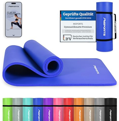 MSPORTS Tappetino da ginnastica Premium con tracolla + poster per esercizi + app per allenamento, tappetino fitness delicato sulla pelle, 190 x 60 x 1,0 cm, blu reale, tappetino da yoga senza ftalati