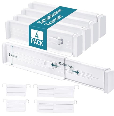 MOFELON Schubladentrenner Verstellbar, 4 Set Schubladen Trenner für Innenlänge 33-58.5cm & Höhe＞6.4cm, Schubladen Organizer Ordnungssystem für Küche, Kleiderschrank, Kommode, Schlafzimmer-Weiß