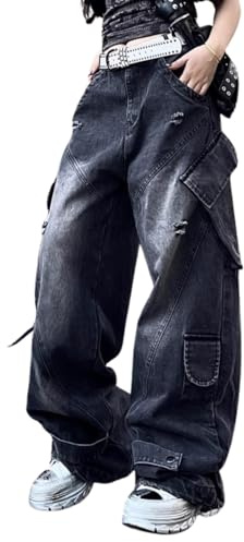Hugboom Pantalones Cargo Holgados para Mujeres y niñas, Jeans de Pierna Ancha Y2k Hip Hop Streetwear de Talle bajo, Jeans de Gran tamaño, Ropa Grunge, Color Azul, Negro 4, Medium
