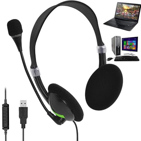 Nubamzy USB Headset With Microphone For PC Laptop, Noise Cancelling & Audio Controls, Black, Wired, Over-Ear, USB Headphones With Microphone, Computer Headset For Call Center/Work/Skype Chat