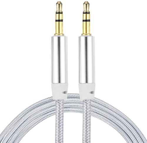 sourcing map Aux Cable 3.5mm Male to Male Nylon Braided Cord 5Ft 3 Pole Stereo Sound Auxiliary Cable Silver for Earphones, Smart Phones, Home/Car Stereos, Speakers, Computers