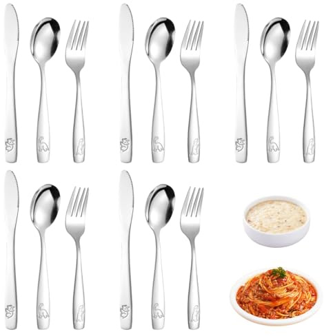 15 Piezas Cubiertos para Llevar en Acero Inoxidable con Grabados Decorativos 5 Cuchillos, 5 Tenedores, 5 Cucharas Apto para Lavavajillas Seguro y No Tóxico para Casa,Escuela,Como Regalo (Dinosaurio)