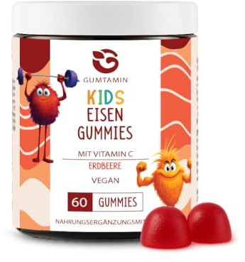 Gumtamin Eisen Gummibärchen für Kinder - 60 vegane Gummies bei Eisenmangel - Eisen für Kimder mit Vitamin C mit 10mg Eisenpyrophosphat hochdosiert - Alternative zu Eisentabletten