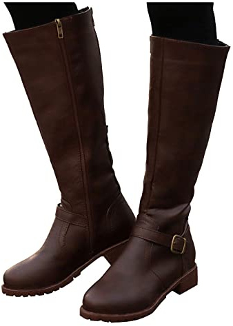 Långa stövlar dam cowboy stövlar vintage, västerländska stövlar dam bruna ankelstövlar med klack eleganta vinterskor varma riddare skor dragkedja halvhög trattklack cowboystövlar, BRUN, 42 EU