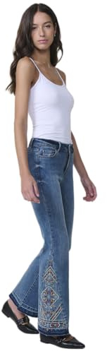 Koroshi Jeans Boot Cut Azul Oscuro elásticos de Tiro Medio con Cinco Bolsillos, Bajos deshilachados y Bordado en triángulo Campana., de Color Azul OSC/Dark Blue, Talla 42