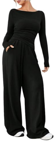 crazy bean Tuta Sportiva Invernale e Casual da Donna Tuta da Donna Elegante Curvy 2 Pezzi Casual Completa Manica Lunga Set Maglia a Pantaloni Sportivi con Elastico in Vita Nero S