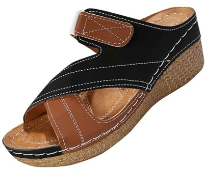 Espadrilles för kvinnor med kilklack damsandaler med fotbädd lädertofflor peep-tå sommarskor med justerbar rem, bekväma kilsandaler, slip-on, ortopediska sandaler för mors dag