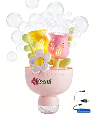 Seifenblasenmaschine für Kinder, 15000+ Blasen/Min Blumenstraußform Seifenblasenmaschine, 7-farbige LED, USB wiederaufladbarer, Automatischer Seifenblasenbläser für Hochzeit/Partys, Geschenk