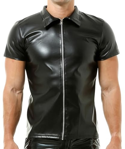 QiaTi Herren Kunstleder Unterhemd Sexy ärmelloses t-Shirt Herren Männer Muskelshirt Top V-Ausschnitt Unterhemden