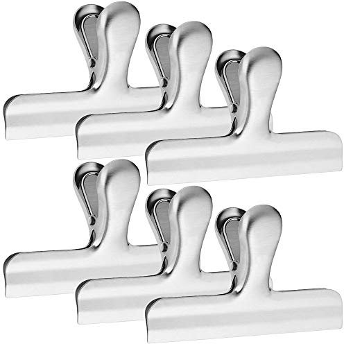 YuCool Lot de 6 pinces à frites en acier inoxydable, 11,9 cm de large pour le stockage des aliments, grande poignée en papier durable pour sacs à café, nourriture, pain, cuisine, maison, bureau –