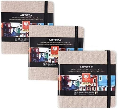 ARTEZA Watercolor Journals, Pack of 3, 5.5 x 5.5 Inches, 88 Pages Each, 110 lb / 230 gsm, Cold Press, Dual-Sided, Acid-Free Linen-Bound Hardcover Books for Watercolor and Fluid Media