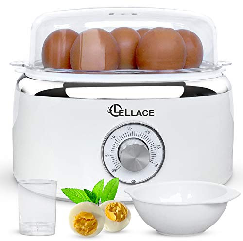 LELLACE Cuece Huevos Eléctrico con Temporizador Manual y Alarma. Cocedor de 1 hasta 7 huevos para hacer Huevo Duro, Mollet o Pasados por Agua. Egg Boiler de 400W con Cuenco para huevo Poché.